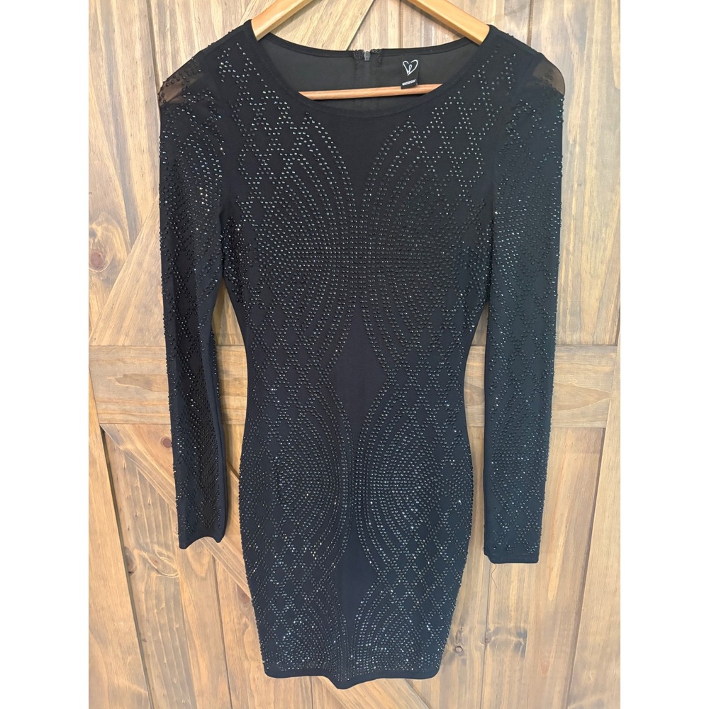 Windsor Black Rhinestone Embellished Bodycon Mini Dress Long Sleeve Sm BCD20799